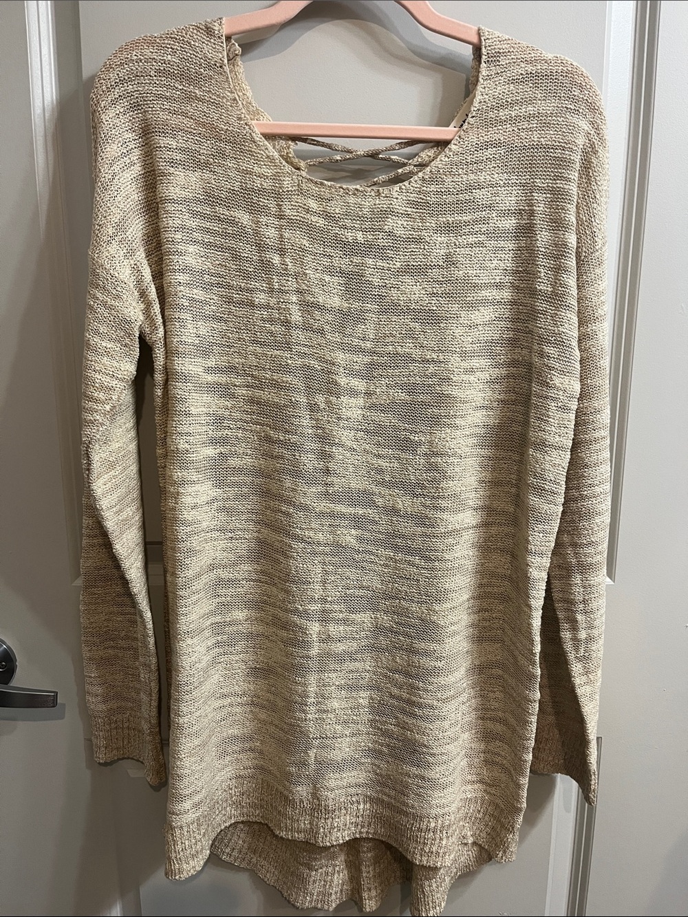 Women's Cream Open Knit Long-Sleeve Tunic Sweater with Back Detail